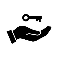 A hand with a key. A black silhouette of a hand with a key hovering over it.. A symbol of security and data storage. Vector illustration isolated on a white background for design and web.