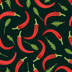 Seamless pattern with hot chili pepper. Simple vector flat illustration with red vegetables and green leaves on a dark background