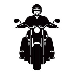 Motorcyclist icon. Silhouette frontal classic biker on a large motorcycle. Vector graphics