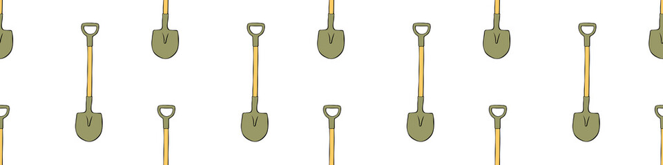 Seamless pattern with garden shovels, spades, scoops. Vector backgrounds and textures with tools for working on the farm, in dacha, country site in flat doodle style. Hand drawn isolated illustration