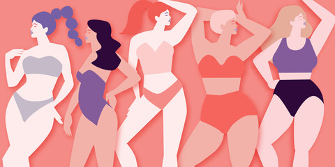 Obraz na płótnie Canvas Five women of different cultures dancing or standing together. Women's friendship. Happy Women's day. Mother's Day. Venera, Venus female paper cut style. Body positive. Summer time