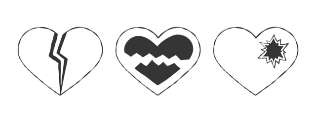 Hearts icons set. Cute black broken hearts. Hand-drawn hearts. Vector illustration