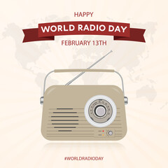 Happy World Radio Day February 13th vintage radio illustration on colored background