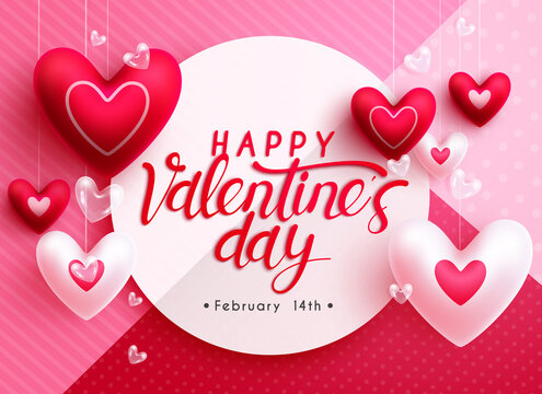Valentine's greeting vector background design. Happy valentine's day text in empty space frame with heart balloon hanging elements for celebration card decoration. Vector illustration.
