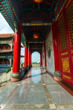 Architecture red chinese style temple and Traditional chinese lantern in Wat Borom Racha Kanchana Phi Sek Anuson