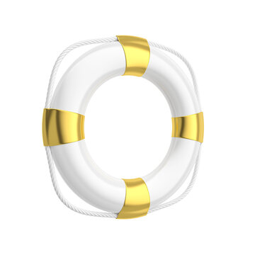 White life buoy with golden elements. Luxury accessories without a brand on a white isolated background. Minimal layout concept. 3d render