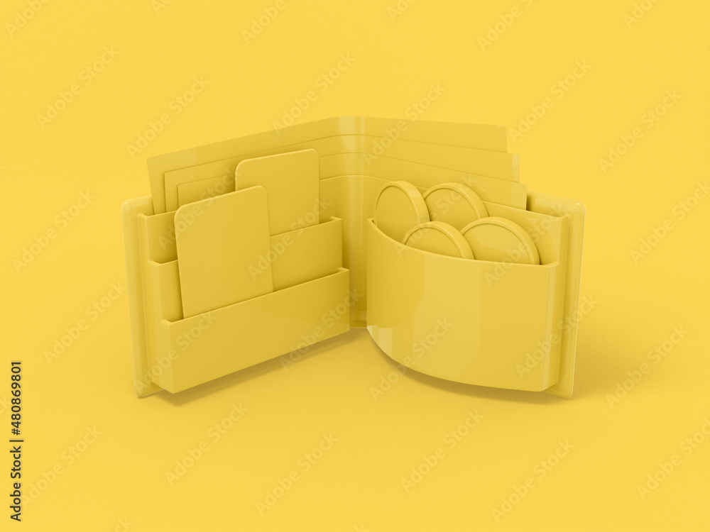 Poster yellow mono color wallet on a yellow solid background. minimalistic design object. 3d rendering icon