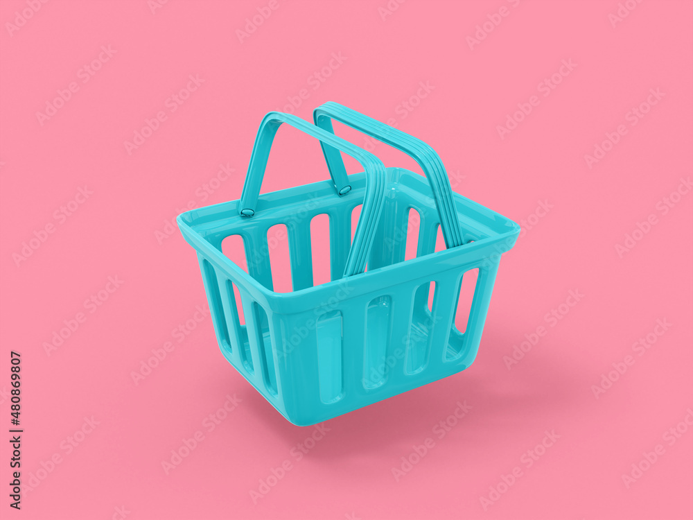 Poster blue single color shopping cart half view on pink monochrome background. minimalistic design object.