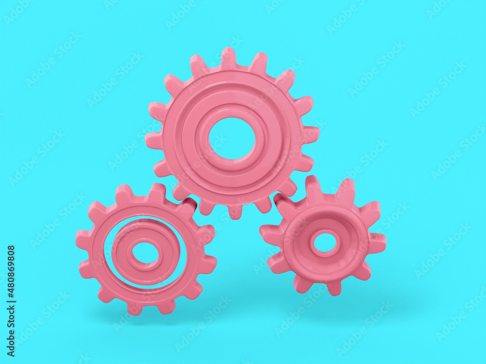 Poster pink mono color gears on a blue solid background. minimalistic design object. 3d rendering icon ui u