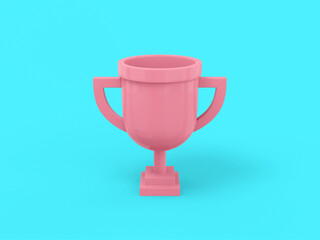 Pink mono color prize cup on blue solid background. Minimalistic design object. 3d rendering icon ui ux interface element.