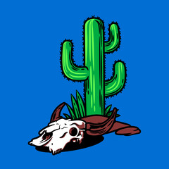 Cartoon Bull Skull and Cactus Vector