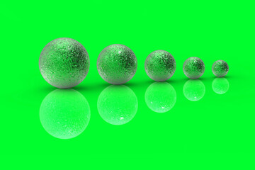 Five balls of metal of different sizes of Green color on Neon Green background. Growth of something. Progress. Reflection. Horizontal image. 3D image. 3D rendering.