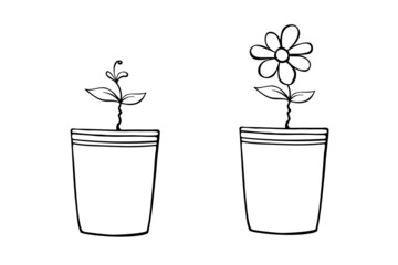 Set of vector outline pots with flower and plant sprout or seedlings in doodle style. Floral design element, clip art for theme of home decoration, gardening, coloring page