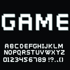 Glitched pixel retro fonts .Blurred video game letters and numbers . Vector alphabet .