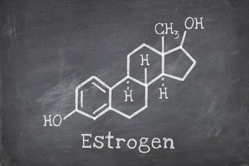 Chemical structure of female sex hormone Estrogen or Estradiol. Blackboard background.