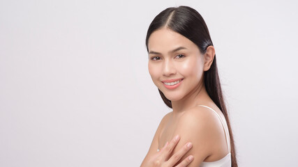 Portrait of young beautiful woman with smooth healthy skin on white background , Skincare concept.