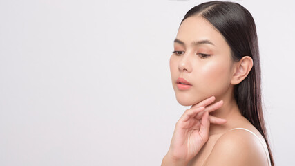 Portrait of young beautiful woman with smooth healthy skin on white background , Skincare concept.