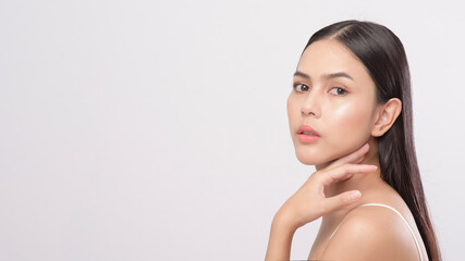 Portrait of young beautiful woman with smooth healthy skin on white background , Skincare concept.