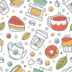 Tea and Coffee Bar with Donut and Bean Element Vector Seamless Pattern Template