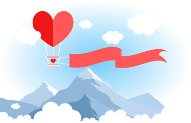 Red hot air balloons in a heart shape flying over mountain on the blue sky.vector illustration for valentines day.