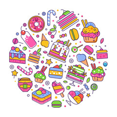 Sweets and Cake Dessert Arranged in Circle Vector Template