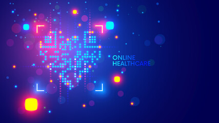 Heart symbol of health, online medicine, internet healthcare, distance medical consultation. Heart consist pixels of QR code. Telemedicine technology. Digital tech in health care. Vaccination concept.