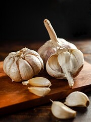 fresh garlic on wooden plate dark background