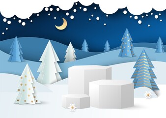 Display podium mockup set, paper cut winter night forest background. Gift, cosmetic product, sales promotion, vector.