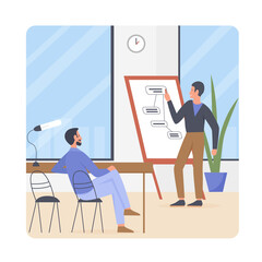 Business manager speaking on office team training. Teamwork company results presentation board flat vector illustration