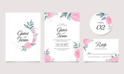 a set of wedding invitation card templates with watercolor decoration of beautiful roses and green leaves