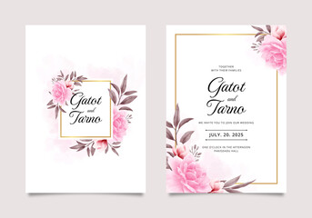 Beautiful wedding invitation with gold frame and watercolor roses illustration