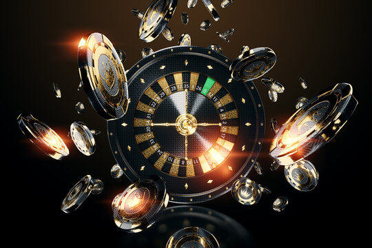 Creative casino template, background design with black gold playing chips and roulette. The concept of roulette, gambling, entertainment, a hat for the site. 3D illustration, 3D render.