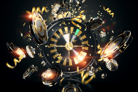 Creative casino template, background design with black gold playing chips and roulette. The concept of roulette, gambling, entertainment, a hat for the site. 3D illustration, 3D render.