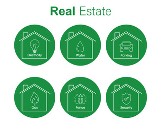 real estate icon set electricity, water, parking, gas, fence, security vector illustration 