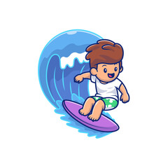 Cute Boy Surfing On Wave Cartoon Vector Icon Illustration. People And Sport Icon Concept Isolated Premium Vector. Flat Cartoon Style