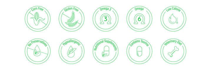 corn-free, gluten-free, omega 3 omega6, low calories, no preservatives, hypo-allergenic, nutritional supplement, contains taurine, veterinary diet, pet food properties icon set