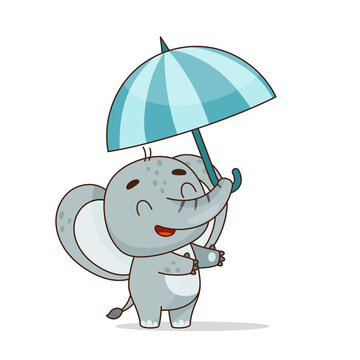 Happy elephant jumbo holding a striped umbrella with its trunk. Vector illustration for designs, prints and patterns.