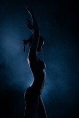 Obraz na płótnie Canvas Portrait Swim wear of 20s Asian Woman in shadow low light key with back backlit, side rear view