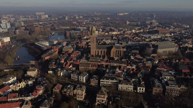 Peperbus daytime drone view in the city of Zwolle, Overijssel during a hot day. The church tower is beautifully visible in the center of Zwolle.