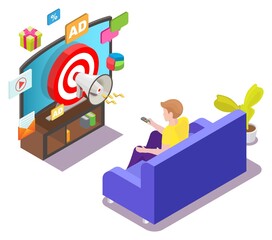 Man watching targeted tv ads, vector isometric illustration. Addressable TV advertising technologies, target marketing.