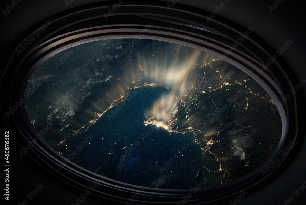 Canvas Prints bangkok night view from space. light lines from porthole. elements of this image furnished by nasa.
