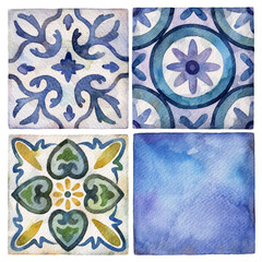 Watercolor ceramic tiles collection. Square vintage hand-drawn ornament.