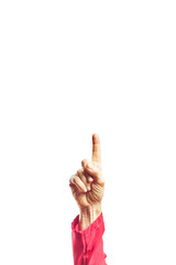 Human Hand with finger pointing up. Woman's hand touching or pointing to something isolated on white background