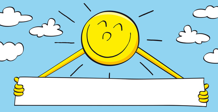 Sonne mit leerem Banner Schild f&uuml;r Text und Logo,  Cartoon, Vektor, Illustration