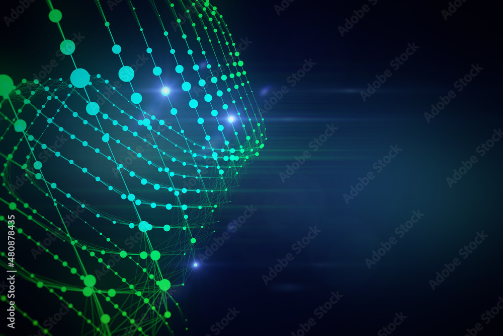 Aufkleber Abstract glowing connected dots interface on dark background with mock up place. Network and connection concept. 3D Rendering.