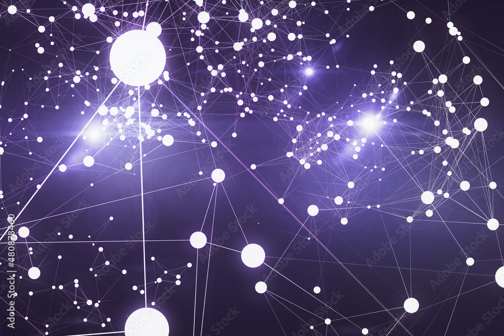Poster Abstract glowing connected dots interface on dark background. Network and connection concept. 3D Rendering.