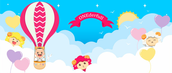 Beautiful fluffy clouds on blue sky background with cute hot air balloons, colorful sheep, balloons and a little kid. Vector illustration. Place for text. Birthday concept