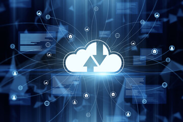 Abstract glowing cloud computing interface on blurry dark backdrop. Online network and database concept. 3D Rendering.