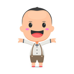 Small boy raises both hands up vector illustration isolated on white background. Chibi character illustration