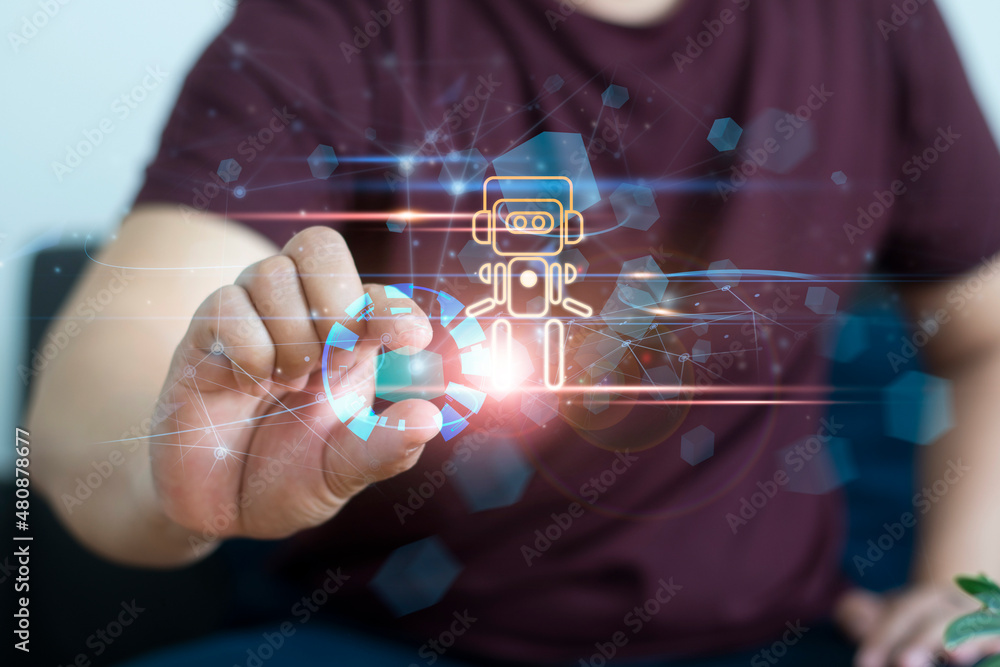Poster metaverse technology concepts. hand touching digital chatbot for provide access to information and d